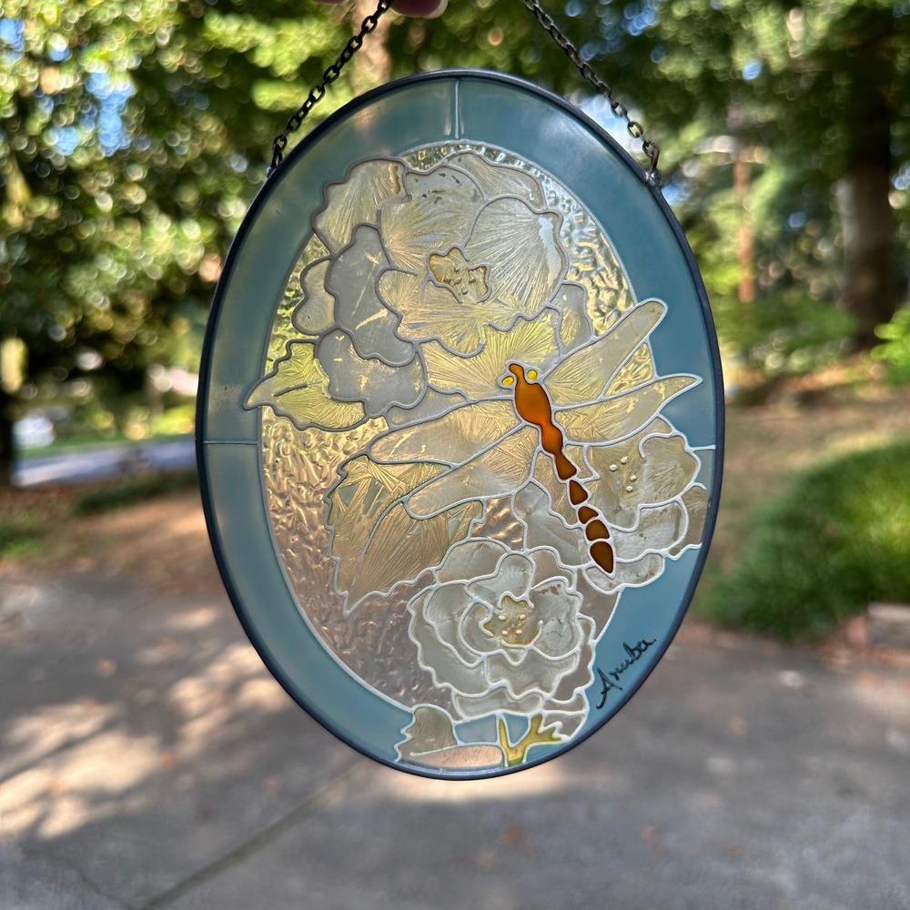Vintage Signed Dragonfly Suncatcher Floral Stained Glass Style Window Hanging 7"